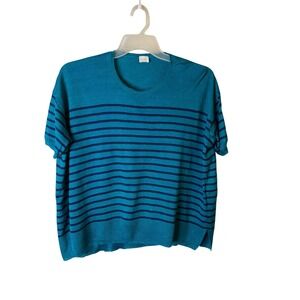 C.T. Plage Womens 100% Linen Striped Half Sleeve Pullover Tee Teal Navy Size 36